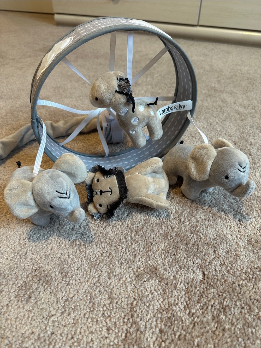 Lambs & Ivy Jungle Safari Musical Baby Crib Mobile- Gray,Beige,White Animals.